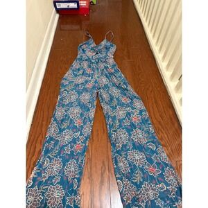 Angie Teal Blue Floral Wide Leg Jumpsuit Boho Crinkle Rayon Cutout Size M